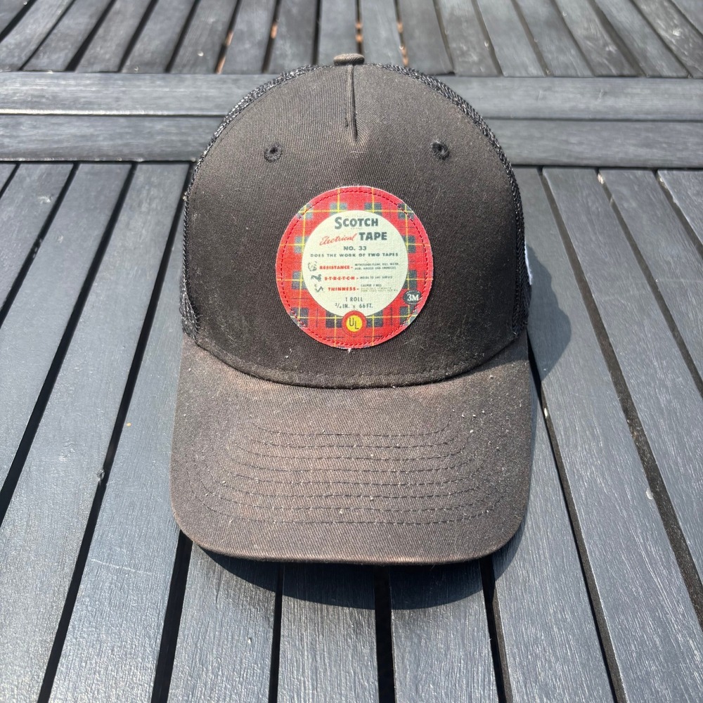 Scotch Trucker Hat Mens OSFA Black Good Used 75 Years Electrical Tape Patch